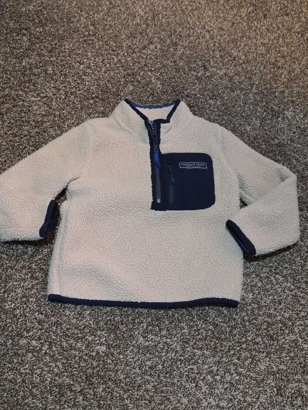Vineyard Vines Cream Sherpa Pullover with Navy Chest Pocket